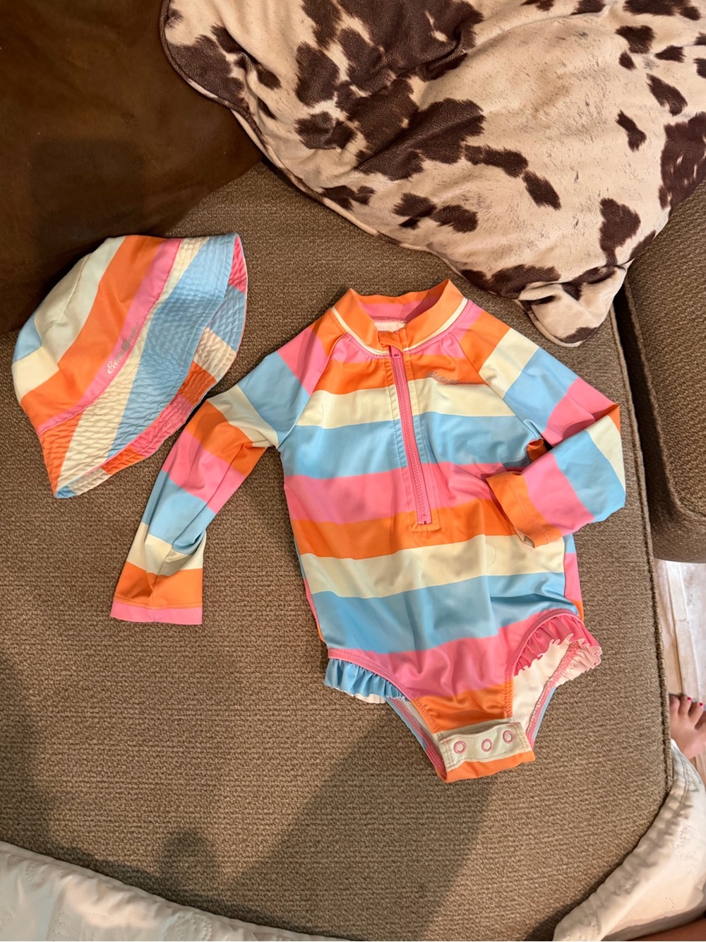 Eddie Bauer Kids Multicolor Striped Long-Sleeve Rash Guard Swimsuit with Hat